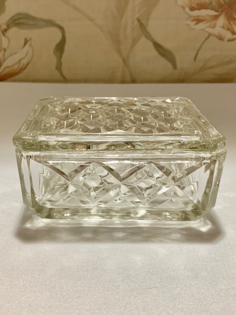 Clear Square Glass Diamond Design Trinket Box with Lid 4.5” by 4.5” by 2"